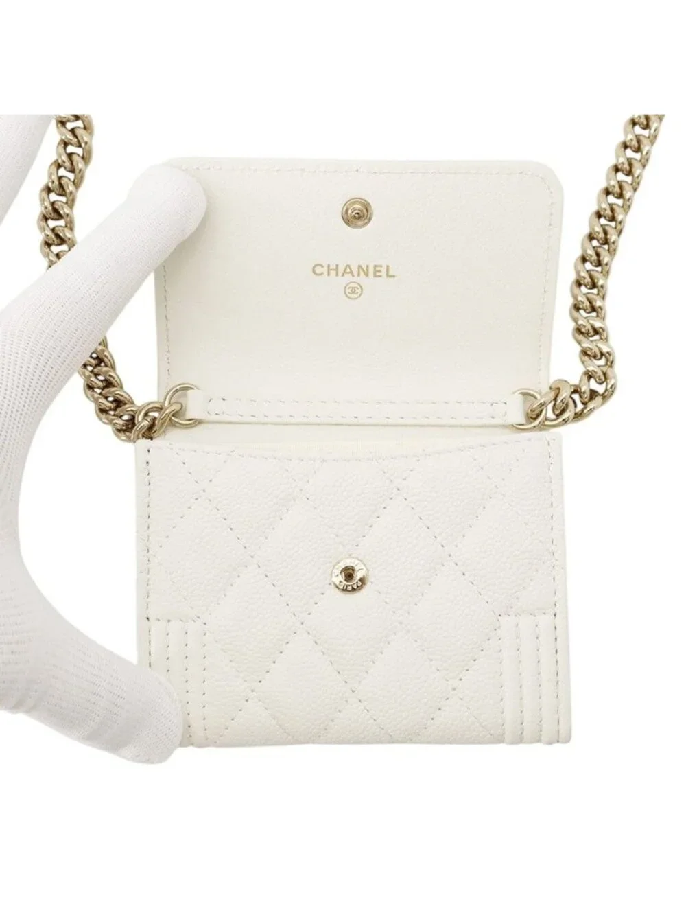 Chanel Chain Wallet Boy Quilted CC Logo Mini Caviar Leather White Shoulder